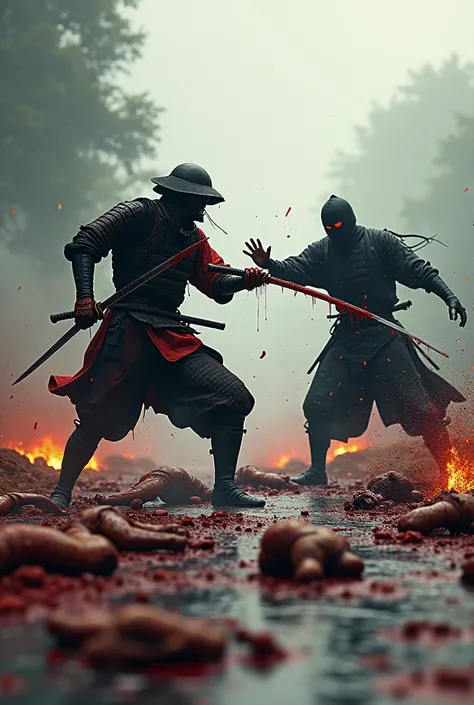 (photorealism:1.2), Full high resolution, a Samurai characters wearing dark red and black full armor, fighting with Ninja, bloodstains stuck to the blade of his katana sword, The samurai slashed at Ninjas left hand, causing blood to spurt out of the severe...