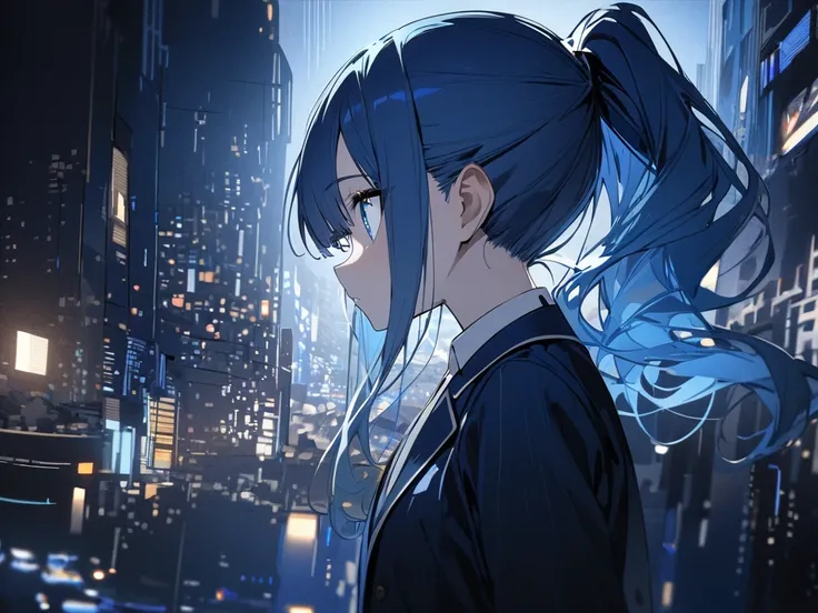 ((Top quality)), ((Masterpiece)), A middle school girl with light blue hair and a ponytail is wearing a navy blue blazer and a navy blue knee-length skirt. Big eyes, short white socks, and black shoes. City at night. profile. Counting the city lights.