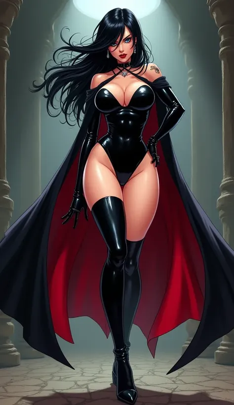 dark queen from battletoads video game, anime style, young face,  shiny black latex dress miniskirt, long black hair,  hair covering the right side of her face,  long black gloves, short boots with heels,  full body view, She is wickedly beautiful, having ...