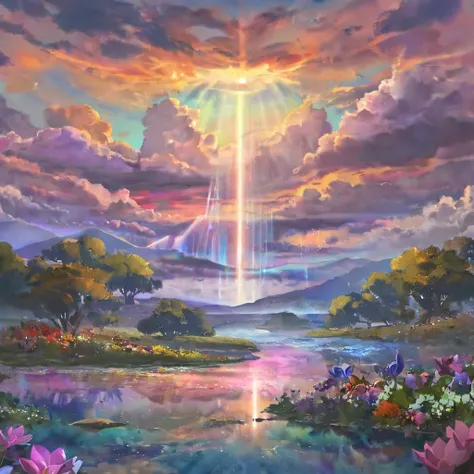 born,Israel, colorful , Dreamy Scenery , cloud, light piercing through the cloud, Water surface reflection, Serene waterfall,flower々, quiet atmosphere , Richness in details,  Surreal Beauty ,  Magical Aura,  Fantasy Scenery, High Quality Digital Art,  brig...