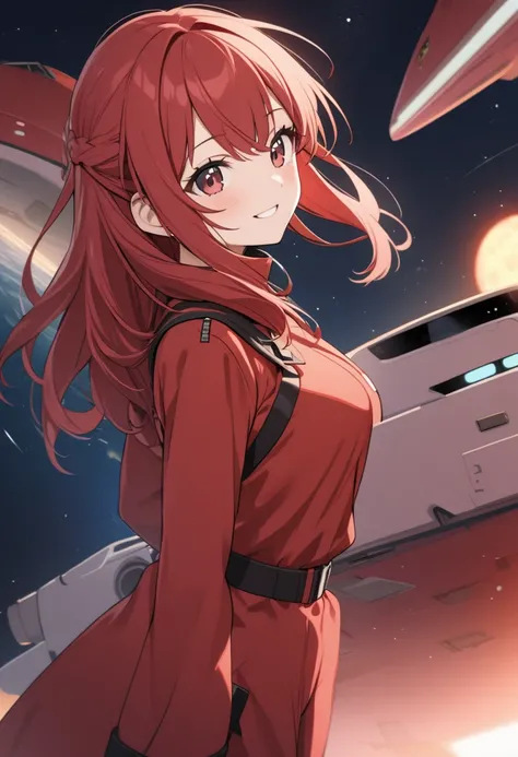  1 girl,  long red hair, red jumpsuit, smile, Spaceship Background, Very delicate