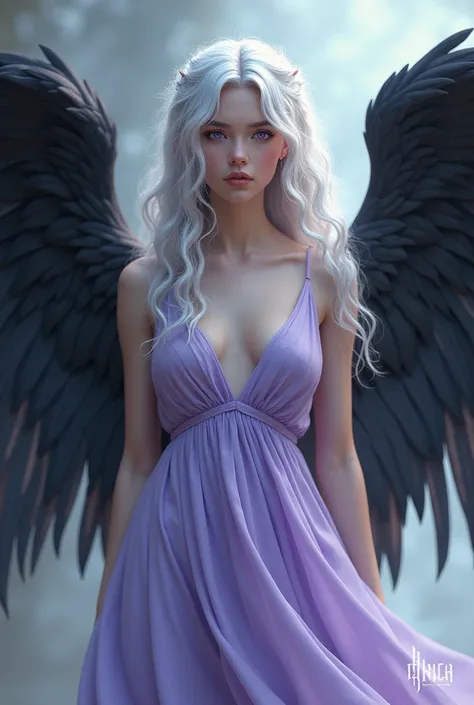 A 20-year-old girl with white hair and purple eyes and wearing a long lilac dress with black wings 