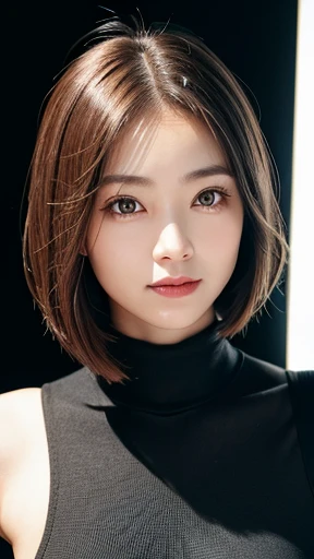 ((( face)))、((( shoulder length brown straight short bob)))、((( Shes posing like a model in a hair salon, Indoor black wall background.)))、(((Casual black winter long sleeves covering the shoulders)))、half Japanese , Half Korean、 an 18 year old girl、 alone...