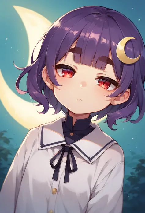 dark purple hair,short hair,blunt bangs, a hair ornament, Six-pointed star between the crescent moon hair ornament, hexagram between the crescent moon hair ornament,
red eyes,half-closed eyes,jitome ,thick eyebrows,expressionless,baby face,loli face,a slen...