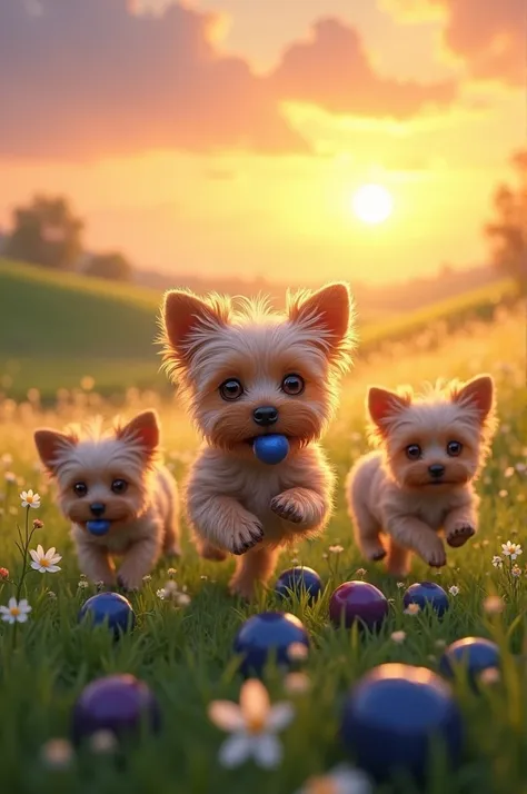 Yorkshire terrier who eats blue plums with her brothers and runs happily across a field in heaven with a wonderful sunrise