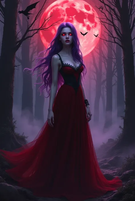 a beautiful girl with long flowing purple hair, glowing red eyes, fangs, pale skin, wearing a dark red dress with black lace, standing in a dark forest at night under a bright red full moon, dark clouds, mist, bats flying, purple and red lights, dark fanta...