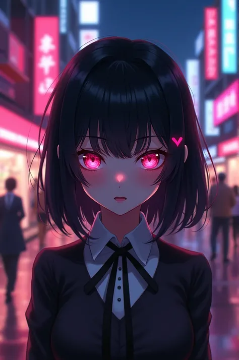  Yandere,  Beautiful Girl with Pink Eyes Obsessed with Possession,  black hair ,  Cardiac pupil , Street Animation On The Date 
