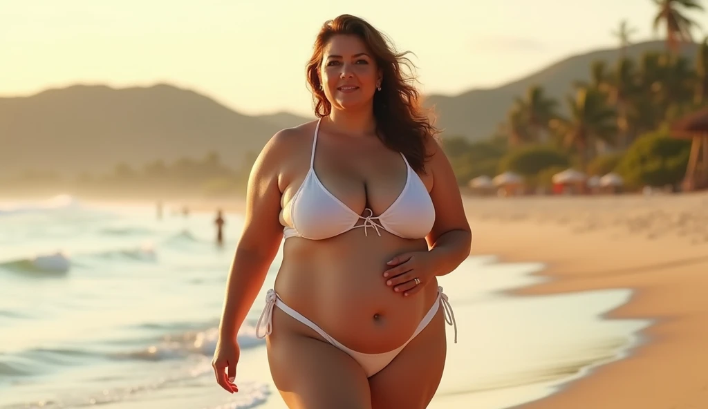 realistic women, solo, bbw, curvy belly, mature women, bikini vibe, on beach, Large chest, wide hips, walking 