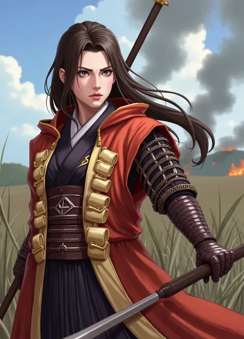 work、 top quality、 long hair、 young woman、 wear Japanese armor 、Wear a jin-haori 、Holding a spear、Sharp Eyes、Burning windy grassland、 focus on the upper body、During the battle 、A fearless face