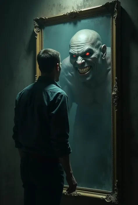 A man standing frozen in front of a mirror, unable to move, while the reflection in the mirror shows a grinning monster with sinister eyes.