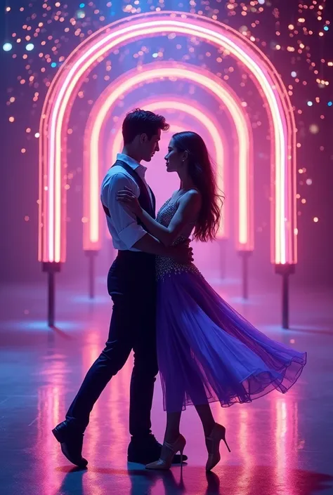 Create an image of a real person, a couple of beautiful young men and beautiful Thai women, white, beautiful &Very handsome, wearing a fancy purple dance costume to the rhythm of dancing, wearing ballet shoes, in the most beautiful ballroom dance form in t...