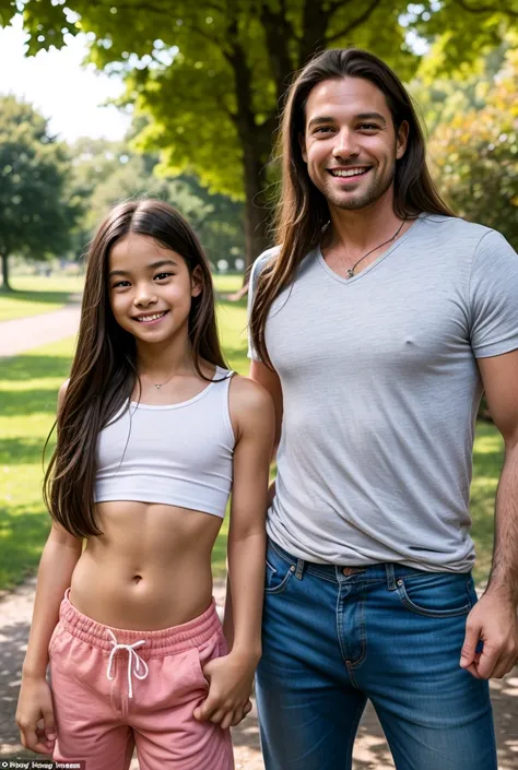 2 people, A smiling cheerful suntanned father with very long down loose hair down to his hips and blue eye, with his  son with long brown hair and blue eyes, in the park 