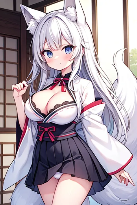 White kimono，Big breasts，Short skirt， long hair,white Hair，cute，shy,fox girl,Showing cleavage，Showing underwear