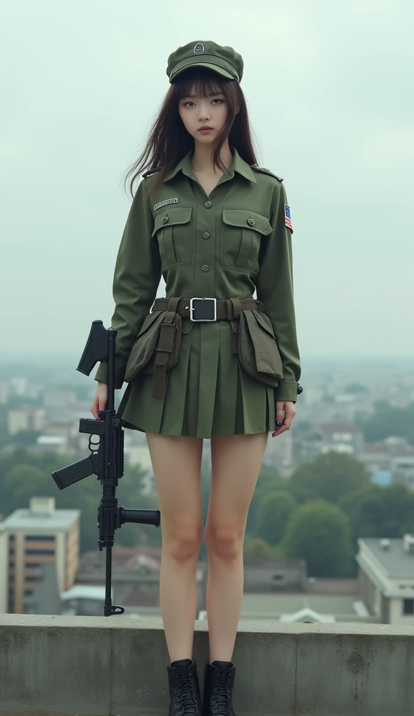 Female soldier holding a gun, shes so beautiful , Her outfit is a pleated skirt ,Also, shes wearing military boots , and her legs are extremely thin and shes looking into an extremely long , she holds a gun on the roof of a building,The upper body is under...