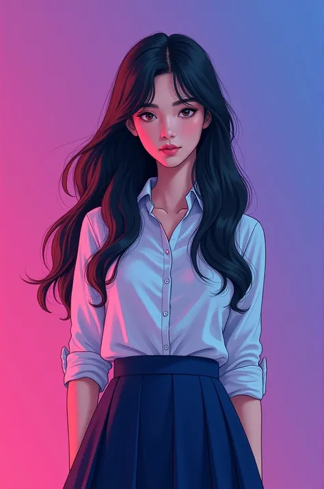 Create book cover with purple, pink and blue gradient with a white woman with black and long hair wearing an American student uniform