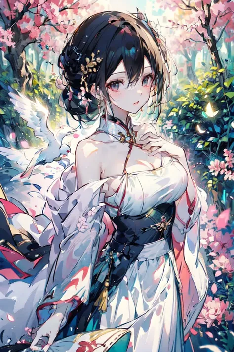  Top Quality ,  ink painting style , Fresh and elegant,  clear lake water , Orthognathic， cute and shy ，Sunset，Cherry Blossoms， black hair,  black cheongsam girl with gold pattern ,  Blowing your head in the wind , Forest dotted with green leaves ,  Birds ...