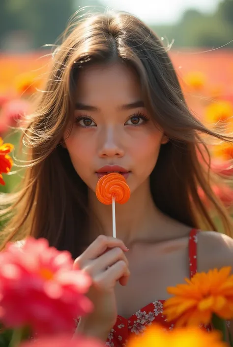 A close-up portrait of a beautiful Malay woman with long, flowing hair moved by the wind, standing in a vibrant flower garden during summer. She has a lollipop in her mouth, her expression playful and serene. The bright sunlight highlights her features and...