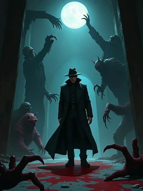 A man in a long black coat and leather hat is alone in a spooky room,Very scary background 。
, there are demons who want to eat him, and there is an animated style, there is a dark and bloody style