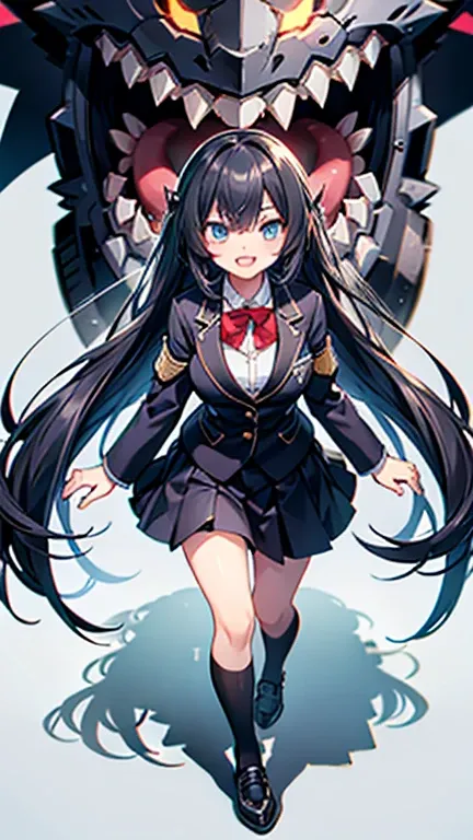 Long hair down to the waist, eyes are in shadow, holding a smartphone in front of the face,she is stepping on a male students head with her right foot, wearing a blazer-type uniform, long skirt, jagged teeth. Illustrations of jagged teeth have been drawn b...