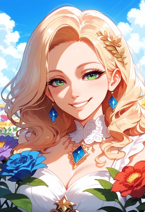 MKSKS, masterpiece, best quality, illustration, close up, straightforward, facial focus, smile, colorful, flowers, green sky, cloud sky, girl with beautiful eyes,