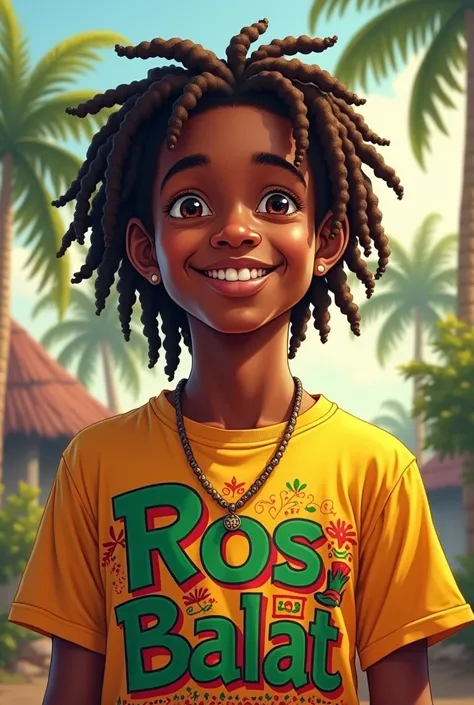 Create an image of a Rasta boy wearing a shirt with the name Ros Balat on its front.