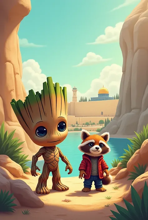 Dessine bebe groot et bebe racoon qui visitent israel