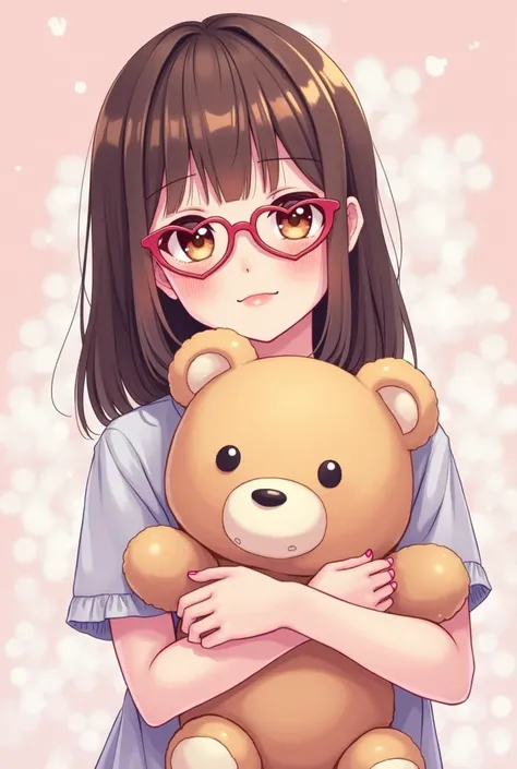  I would like an image of a girl from a cartoon anime comic book style, with a pink and lilac pastel palette and cute with heart-shaped glasses and she should have brown skin, straight and long brown hair and straight fringe , small eyes, And she should ha...