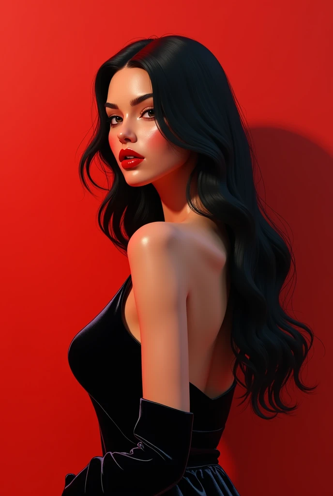 Create a 3D graphic illustration of a 25-year-old woman wearing a black gown.
Her hair should be long black hair. wearing red lipstick, and look fierce, fitting the appearance of a gala participant. Use high color saturation with the RenderMan renderer.