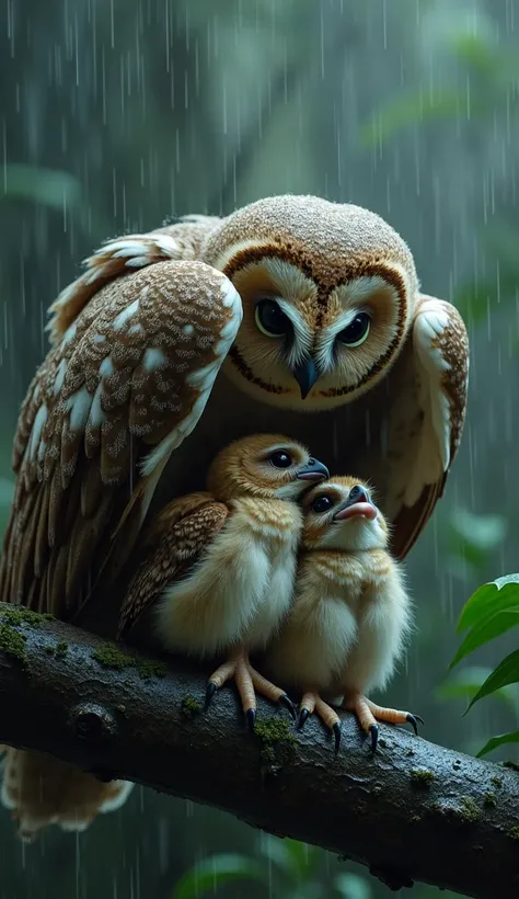 A hyper-realistic image of a devoted mother owl, completely soaked in the downpour, using her wings to protect her young chicks under her body. Her feathers, once soft and fluffy, are now flat and weighed down by the heavy rain. She stands firm on a branch...