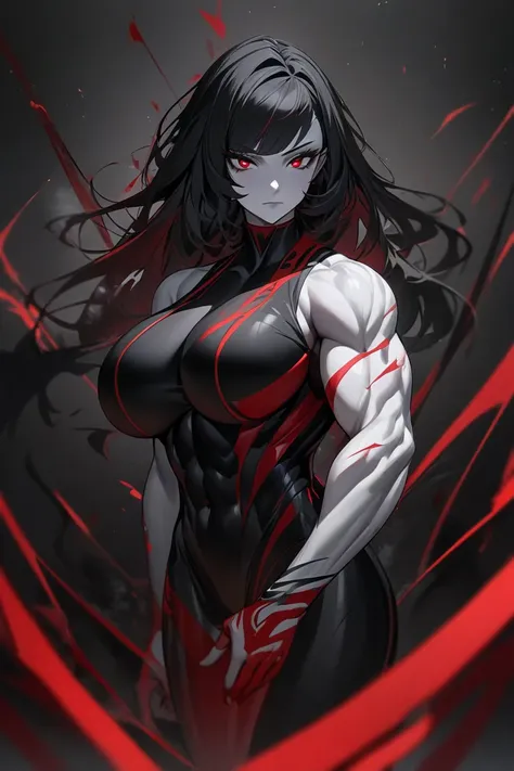  a girl,  black hair,  closed mouth , crimson eyes,  masterpiece , Preciso,  The best quality ,  asymmetric bangs ,  depth of field ,  big breasts,  full body, muscular,  pale skin,  right arm with scar on the forearm towards your hand,  black background w...