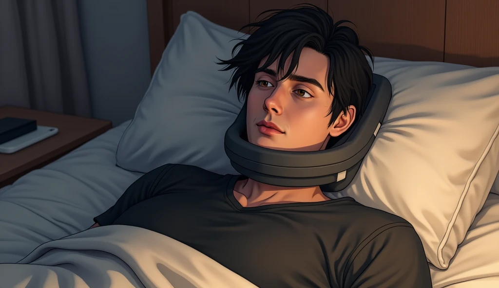 Realistic picture ,a man with shoulder length hair, lying in bed , show up on face , with brown eyes and black hair ,wearing a neck brace, sleeping in my own place, wearing black T-shirt, realistic style, realism