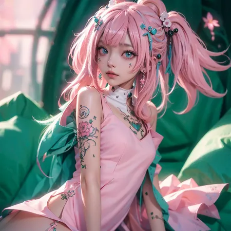 Hair ornaments、Earrings、Tattoo、 good_, 1人の girlが, Alone,、 best quality r ,  Photographically Faithful, Ultra-thin illustration, 魅力的なアニメの美しい girl,( mini dress:1.4), Miku Hatsune,  slender, Tied up hair,( pink hair:1.4), girl,  girlの写真,  full body shot, Herm...