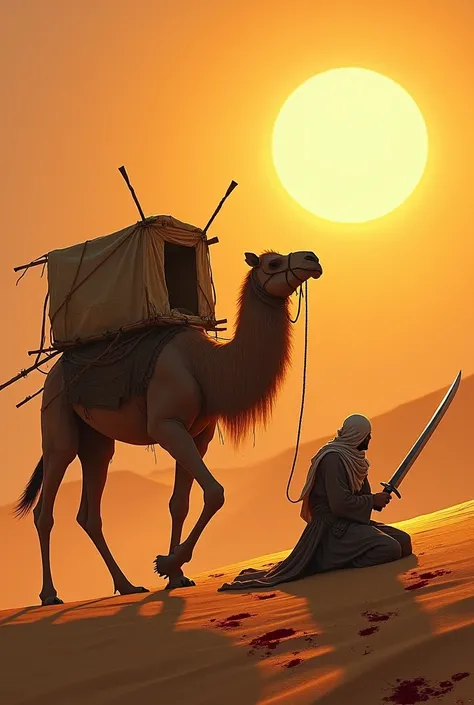 A walking camel, A cutain cabin on the camel, front leg of camel is cut and bleed, An arabic man has a sowrd, sitting near camel , warrior pose, blazing sun, sand dunes background, blood spots on the ground, warm colour, realistic