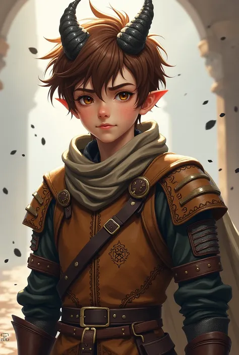  Make a boy half dragon with a pure heart and adventurous about  with features like brown hair, two horns, a scarf with very few black scales and full-body medieval leather armor