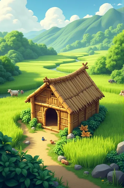 Bamboo hut in the middle of a cartoon rice field