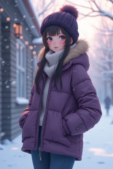 Anime girl wearing winter jacket purple less jeans and long boot 
