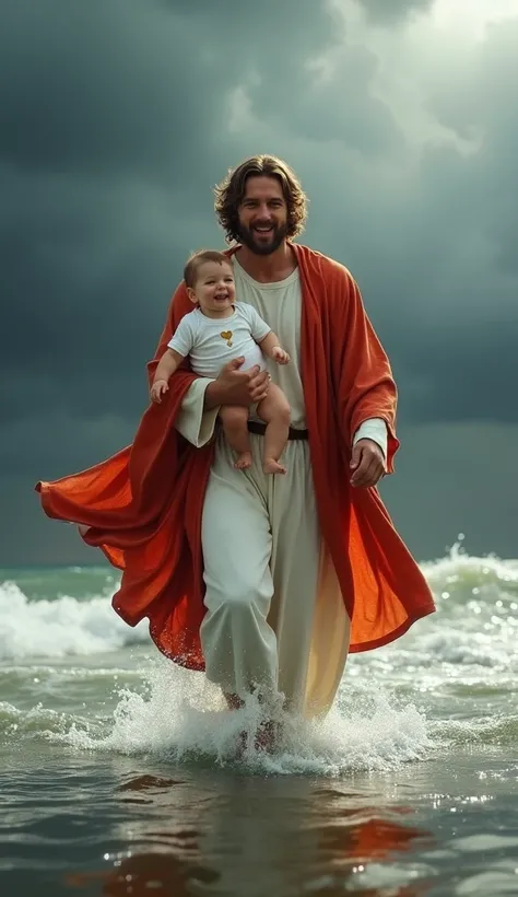 jesus,  with light brown wavy hair and short beard ,  walks with firm steps over flooded waters that reflect the Stormy full of dark clouds.  He wears simple white clothes , with a bright red cloak ,  wet and fluttering in the wind . In your arms,  he carr...