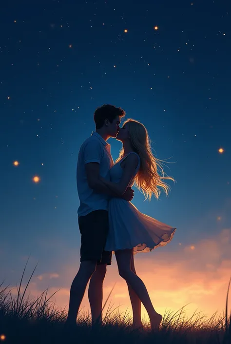 silhouettes of two kissing lovers against the starry sky, a girl in a short dress, blonde hair