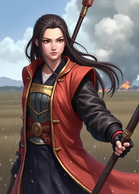 work、 top quality、 long hair、 young woman、 wear Japanese armor 、Wear a black jacket、Holding a spear、Sharp Eyes、Burning windy grassland、 focus on the upper body、During the battle 、A fearless face、 dark eyes、 big eyes、 high definition