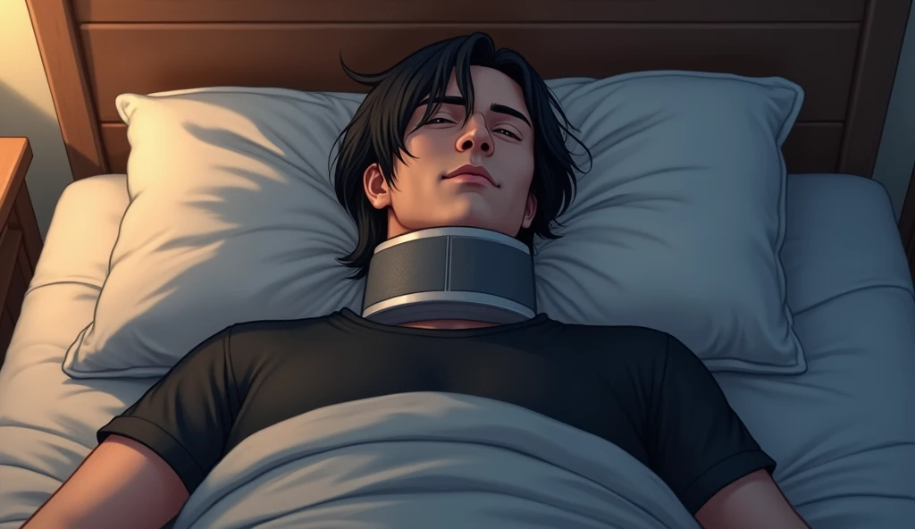 Realistic picture ,a man with shoulder length hair, lying in bed , show up on face , with brown eyes and black hair ,wearing a neck brace, sleeping in my own place, wearing black T-shirt, realistic style, realism