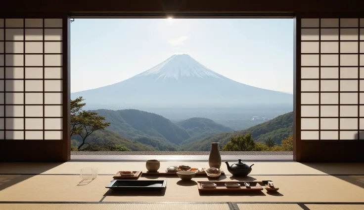 Scenery that seems to embody the Japanese New Year、Tea is placed in a tatami room、Mt. Fuji can also be seen in the distance