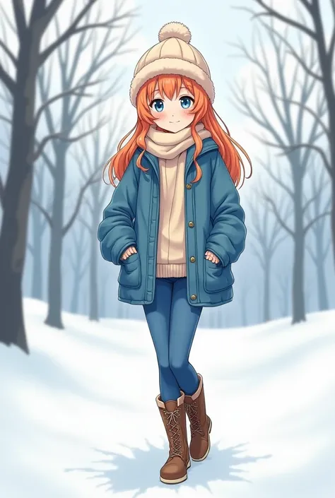 Anime girl wearing winter jacket blue jeans and long boot shoes
Cartoon art 
