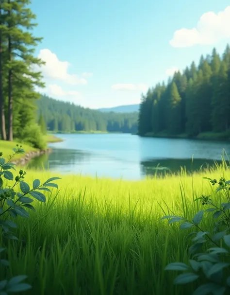 Please take a picture of nature. In the foreground is grass. On the horizon is a lake. The horizon is flat. Behind the lake is a coniferous forest. There is blue sky overhead. The light falls on all the grass. Detail. More forest.