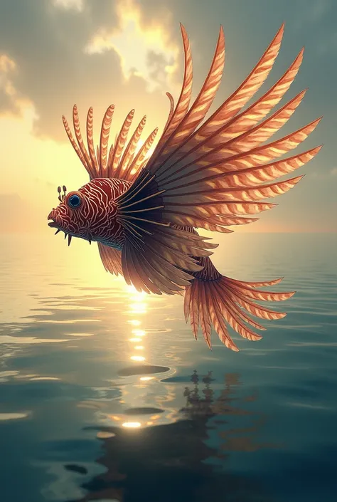 A vibrant lionfish with majestic eagle wings soaring gracefully above a calm, shimmering ocean at sunset, its colorful fins trailing behind, blending seamlessly with the glowing horizon.