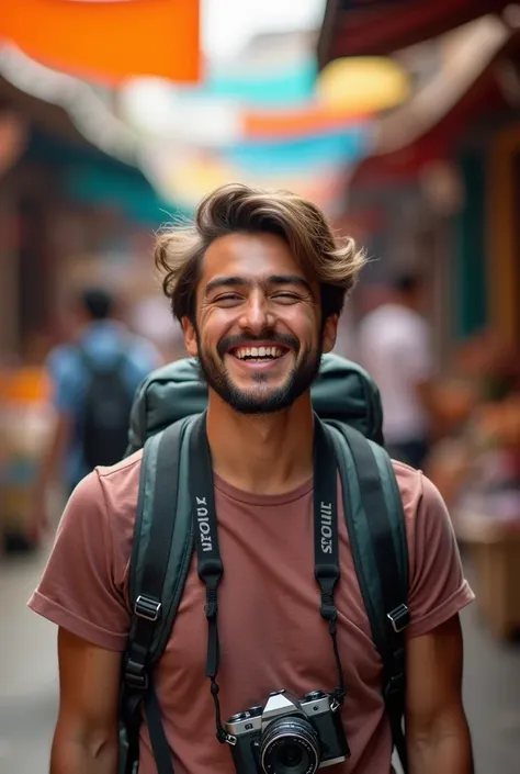 A joyful young man shares a moment of happiness while exploring a vibrant and bustling market. The man, equipped with a camera slung around his neck, wears a carefree smile suggesting a day filled with adventure and exploration. Their backpacks hint at a j...