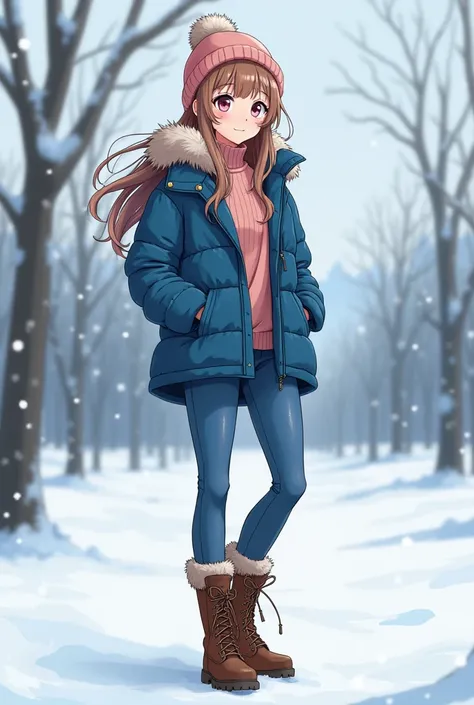 Adult Anime girl wearing winter jacket blue jeans and long boot shoes
Cartoon art 
