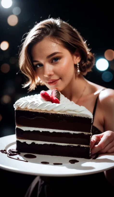 cinematic film still chocolate, chocolate cake, dark background, quality photo, moist texture, frosting, studio photo, slice . shallow depth of field, vignette, highly detailed, high budget, bokeh, cinemascope, moody, epic, gorgeous, film grain, grainy