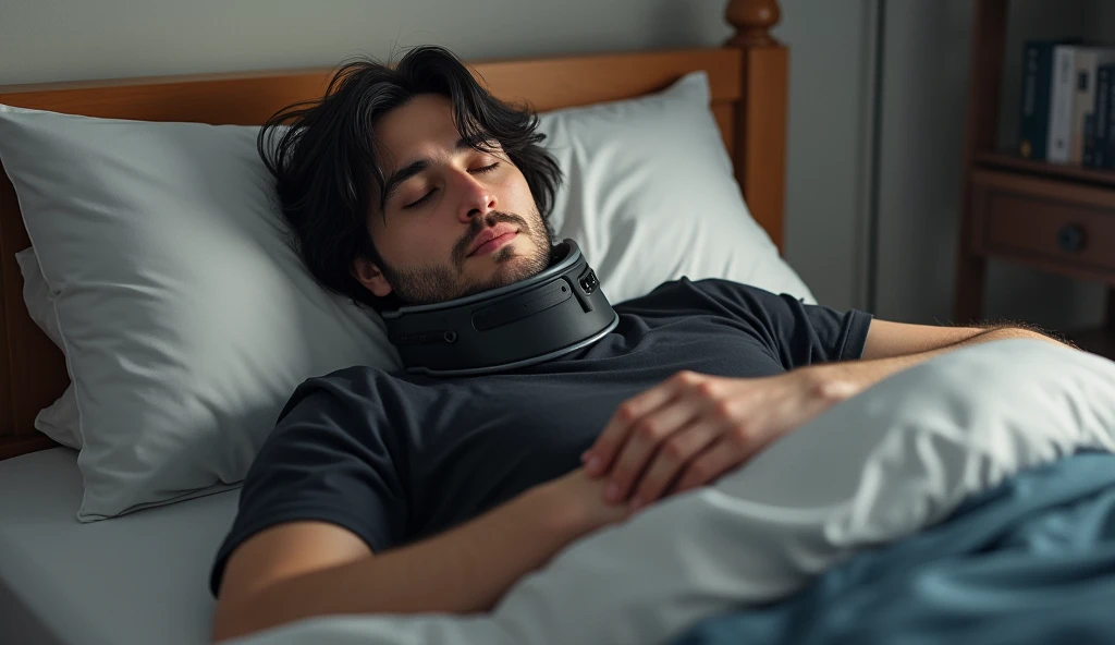 Realistic picture ,a man with shoulder length hair, lying in bed , show up on face , with brown eyes and black hair ,wearing a neck brace, sleeping in my own place, wearing black T-shirt, realistic style, realism