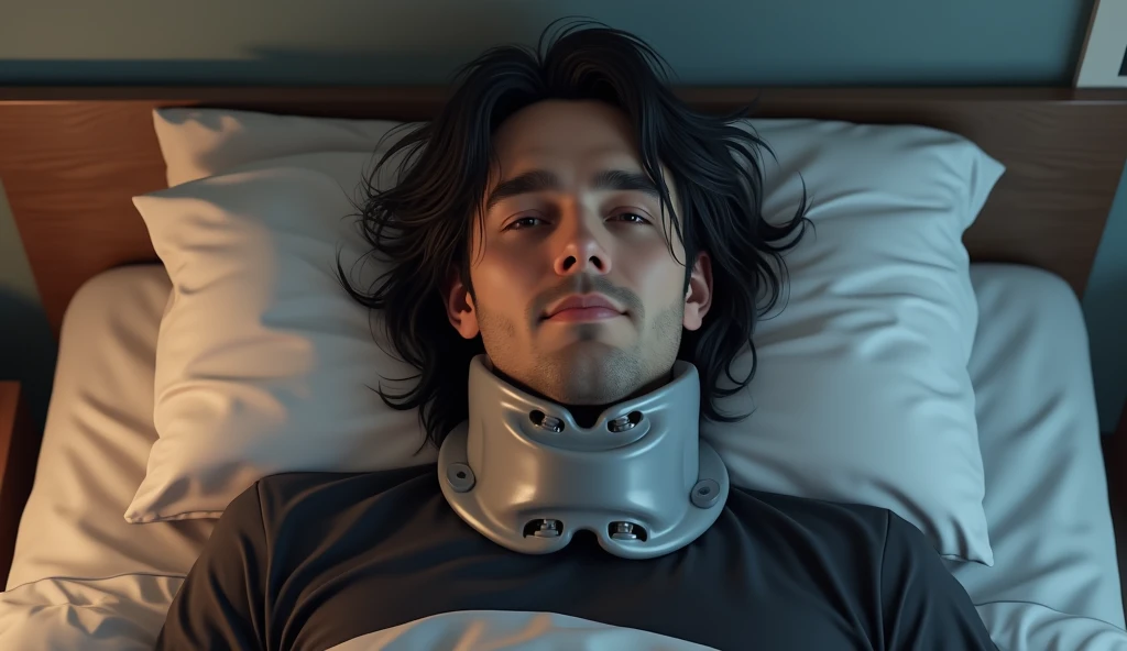 Realistic picture ,a man with shoulder length hair, lying in bed , show up on face , with brown eyes and black hair ,wearing a neck brace, sleeping in my own place, wearing black T-shirt, realistic style, realism