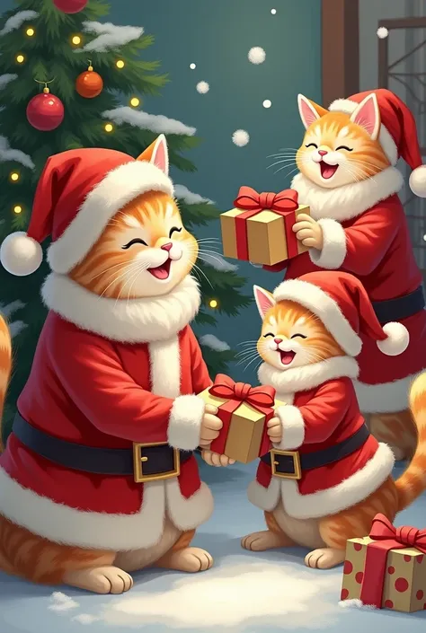 Cats dress up in Santa Claus costumes and give out gifts.